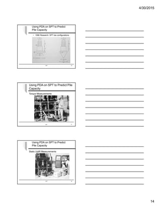 4/30/2015
14
• 1996 Research: SPT toe configurations
SPT 40
Using PDA on SPT to Predict
Pile Capacity
Using PDA on SPT to Predict Pile
Capacity
Torque Measurements
SPT 41
SPT 42
Using PDA on SPT to Predict
Pile Capacity
Static Uplift Measurements
 