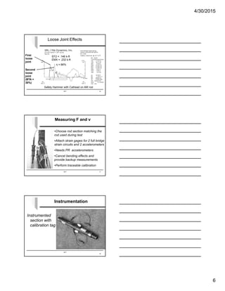 4/30/2015
6
Loose Joint Effects
EMX = .232 k-ft
η = 66%
EF2 = .146 k-ft
Safety Hammer with Cathead on AW rod
SPT 16
Second
loose
joint
(BTA =
30%)
First
loose
joint
SPT
•Choose rod section matching the
rod used during test
•Attach strain gages for 2 full bridge
strain circuits and 2 accelerometers
•Needs PR accelerometers
•Cancel bending effects and
provide backup measurements
•Perform traceable calibration
Measuring F and v
17
SPT
Instrumentation
Instrumented
section with
calibration tag
18
 