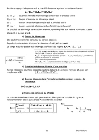 21 Bayala Bapio
T = JWn/Cn= JW²n/Pn
∑1
n
Pi²dti P²1xt1+ P²2xt2 +…+PnXtn
Pn = √ ----------- =√ ----------------------------
∑1
n
ti t1 + t2 + t3+…+ tn
Au démarrage g=1 et quelque soit le procédé de démarrage on a la relation suivante :
Cd / Cdd = (Id/Idd)²= (Ud/Un)²
Cd et Id : couple et intensité de démarrage quelque soit le procédé utilisé
Cdd et Idd : Couple et intensité de démarrage direct
Ud : tension de démarrage quelque soit le procédé utilisé
Un ; gn : tension nominale et glissement en fonctionnement normal
Le procédé de démarrage sera d’autant meilleur, que comparés aux valeurs nominales, Id sera
plus petit et Cd plus grand.
c) Durée de démarrage
Elle peut être déterminée par calcul ou par des abaques
Equation fondamentale : Couple d’accélération C = Cm - Cr = J dw/dt ;
Le temps mis pour passer du démarrage à la vitesse de régime td =JW / ( Cm – Cr )
d) Constante de temps d’inertie d’une machine
Temps nécessaire pour faire passer la machine de l’arrêt à sa vitesse normale Wn avec son
couple normal Cn
e) Energie dissipée dans l’enroulement rotor pendant la durée de
démarrage
w= ∫ R2I²2dt = 0,5 JΩ²
g) Puissance nominale ou efficace
La puissance nominale d’un moteur peut être calculée à partir de la durée du cycle de
fonctionnement T et des puissances P aux différents instants t
J =Jm+Jr = MR²=MD²/4 (Kg.m²): somme des moments d’inertie du moteur et récepteur
W= 2лNo/60 : Vitesse de régime ou finale
Cm ;Cr : Couples moyens moteur et résistant ; M1 ;M2 :masses; D1 ;D2 :diamètres de
giration du moteur et de la machine
MD² :Moment de giration total ;
Ma =( Cm – Cr ):Couple accélérateur en m.kg (1kg.m =9,81 Nm)
P(w)
t(s)
TP1 P2
t1 t2 t3
MD².N
td =2,67.10-3
-------------
Ma
 
