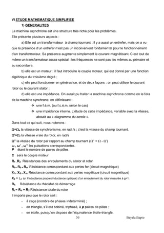 30 Bayala Bapio
VI ETUDE MATHEMATIQUE SIMPLIFIEE
1) GENERALITES
La machine asynchrone est une structure très riche pour les problèmes.
Elle présente plusieurs aspects :
a) Elle est un transformateur à champ tournant : il y a aussi un entrefer, mais on a vu
que la présence d’un entrefer n’est pas un inconvénient fondamental pour le fonctionnement
d’un transformateur. Sa présence augmente simplement le courant magnétisant. C’est tout de
même un transformateur assez spécial : les fréquences ne sont pas les mêmes au primaire et
au secondaire.
b) elle est un moteur : il faut introduire le couple moteur, qui est donné par une fonction
algébrique du troisième degré ;
c) elle peut fonctionner en génératrice, et de deux façons : on peut utiliser le courant
rotor ou le courant stator ;
d) elle est une impédance. On aurait pu traiter la machine asynchrone comme on le fera
de la machine synchrone, en définissant :
 une f.é.m. (ou f.c.é.m. selon le cas)
 une impédance interne. L’étude de cette impédance, variable avec la vitesse,
aboutit au « diagramme du cercle ».
Dans tout ce qui suit, nous noterons :
Ω=Ωs la vitesse de synchronisme, en rad /s ; c’est la vitesse du champ tournant.
Ω’=Ωr la vitesse vraie du rotor, en rad/s
Ω’’ la vitesse du rotor par rapport au champ tournant (Ω’’ = Ω - Ω’)
ω , ω’ , ω’’ les pulsations correspondantes.
P étant le nombre de paires de pôles
C sera le couple moteur
R1 , R2 Résistances des enroulements du stator et rotor
Rf = R0 = Rm Résistance correspondant aux pertes fer (circuit magnétique)
Xf = X0 = Xm Réactance correspondant aux pertes magétique (circuit magnétique)
X2 = L2 ω l’inductance propre (inductance cyclique) d’un enroulement du rotor mesurée à g=1.
Rh Résistance du rhéostat de démarrage
Rr = Rh + R2 Résistance totale du rotor
Il importe peu que le rotor soit :
- à cage (nombre de phases indéterminé) ;
- en triangle, s’il est bobiné, triphasé, à p paires de pôles ;
- en étoile, puisqu’on dispose de l’équivalence étoile-triangle.
 