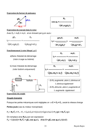 33 Bayala Bapio
R2 I2
gX2I2
gE2
φ2
Expression du facteur de puissance
Expression du courant dans le rotor
Avec E2 = m0E1≈ m0V1 et en divisant par g,on aura :
gE2 E2
I2 = ----------------- = -------------------------
√(R²2+(gX2)²) √((R2/g)²+X²2)
Fonctionnement à rotor bloqué g=1
a)Sans rhéostat de démarrage
(rotor à cage ou bobiné)
b) Avec rhéostat de démarrage
(rotor bobiné uniquement)
R2 X2
I2
E2 Rh
Expressions du couple
Couple transmis
Puisque les pertes mécaniques sont négligées on a C = Ce= Cu ;seule la vitesse change
Pertes joule (cas du moteur monophasé)
Pjr = R2 I2
2 = Ptr - Pu = CeΩ-CuΩ’=C(Ω-Ω’)=CgΩ d’où C=Pjr/gΩ = R2 I2
2 /gΩ
On remplace ainsi R2 I2 par son expression
Pjr = C(Ω-Ω’)= R2 I2
2 = gE2 cos φ2x I2 d’où C= gE2 cos φ2x I2 /(Ω-Ω’)
gm0V1 m0V1
I2 = ----------------- = ---------------------
√R²2+(gX2)² √(R2/g)²+X²2
E2 m0V1
I2 = --------------- = ---------------
√(R²2+X2²) √(R2²+X²2)
E2 m0V1
I2 = --------------------- = ---------------------
√((Rh+R2)²+ X2²) √((Rh+R2)²+X2²)
- Si Rh augmente ,alors I2 diminue et
I1 diminue également
- Si Rh dimunie ,alors I2 augmente et
I1 augmente également
R2
cos φ2 =--------------------
√(R²2+(gX2)²)
 