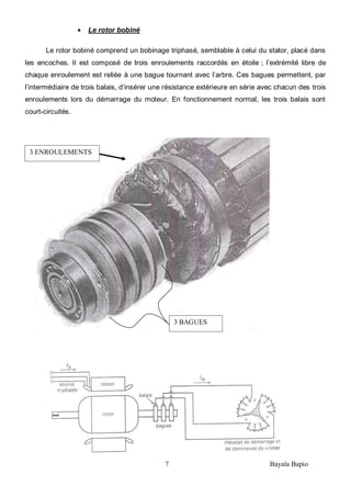 7 Bayala Bapio
Le rotor bobiné
Le rotor bobiné comprend un bobinage triphasé, semblable à celui du stator, placé dans
les encoches. Il est composé de trois enroulements raccordés en étoile ; l’extrémité libre de
chaque enroulement est reliée à une bague tournant avec l’arbre. Ces bagues permettent, par
l’intermédiaire de trois balais, d’insérer une résistance extérieure en série avec chacun des trois
enroulements lors du démarrage du moteur. En fonctionnement normal, les trois balais sont
court-circuités.
3 BAGUES
3 ENROULEMENTS
 