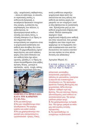 εξής : ψυχολογικές επιβαρύνσεις
– stress,το κάπνισμα, το αλκοόλ,
οι ναρκωτικές ουσίες, η
ανθυγιεινή διατροφή, η
ανεπάρκεια θρεπτικών στοιχείων
στις τροφές, η ρύπανση της
ατμόσφαιρας των πόλεων, η
ραδιενέργεια, τα
ηλεκτρομαγνητικά πεδία, ο
ελλιπής και κακός ύπνος, η
ελλιπής άσκηση κ.λ.π. Όμως το
πιο σημαντικό στην
αντιμετώπιση του καρκίνου είναι
η ψυχολογική κατάσταση του
ασθενή που συνήθως δεν είναι
καλή. Οι χημειοθεραπείες έχουν
παρενέργειες και αυτό κάποιες
φορές είναι πολύ δύσκολο για
τον ασθενή διότι έχει πόνο,
εμετούς, ζαλάδες κ. α. Όμως τα
κύρια συναισθήματα είναι φόβος
άρνηση, θλίψη, μοναξιά ή
απελπισία, οργή, ενοχή, επίσης
κάτι πολύ σημαντικό είναι πως
αυτή η ασθένεια επηρεάζει
ψυχολογικά πάρα πολύ την
οικογένεια και τους φίλους του
ασθενή και πολλές φορές δεν
μπορούν να τον στηρίξουν γιατί
οι ίδιοι βρίσκονται σε κατάσταση
σοκ. Χρειάζονται μαζί με τον
ασθενή ψυχολογική στήριξη από
ειδικό. Πολλά νοσοκομεία
παρέχουν τώρα
ψυχολογική στήριξη στον ασθενή
και στην οικογένεια. Στο μεταξύ
συμβαίνει πια τόσο συχνά που
αρχίζουμε να το δεχόμαστε σαν
κάτι αναπόφευκτο και αυτό δεν
διευκολύνει τον αγώνα εναντίον
του που πρέπει να είναι πάντα
δυνατός και αδιάκοπος!
Αργυρίου Μυρτώ Α1.
Η επιλογή εικόνων είναι από το
τμήμα του μαθήματος Πρότζεκτ
της Β με θέμα το Γκράφιτυ.
ΟΔΗΓΙΕΣ ΓΙΑ ΠΡΟΣΤΑΣΙΑ
ΚΑΤΑ ΤΟΥ ΚΑΡΚΙΝΟΥ
ΤΑ 10 «ΝΑ»
1.Να μη καπνίζουμε.
2.Να μην υπερβάλλουμε στην
ηλιοθεραπεία. Να φοράμε
καπέλο και καλά γυαλιά.
3.Να μη χρησιμοποιούμε στο
φαγητό μας επεξεργασμένες
εργοστασιακά τροφές. Όπως
αλλαντικά, κονσέρβες,
αναψυκτικά, μαργαρίνες,
σάλτσες σε μπουκάλια, γιαούρτια
ή παγωτά και τυποποιημένα
γλυκίσματα κ.α. Να προτιμάμε
προϊόντα Τοπικής Βιοτεχνίας και
χειροποίητα. 4.Να πίνουμε
άφθονο καθαρό νερό της
βρύσης. Να μην κάνουμε δίαιτες
αδυνατίσματος γιατί ασθενεί το
ανοσοποιητικό μας. Να τρώμε
μπόλικο μαύρο ψωμί.
5. Να χρησιμοποιούμε τα hands
free. Να έχουμε μακριά το σπίτι
μας από κεραίες κινητής
τηλεφωνίας.
6. Να προσπαθούμε να
ενισχύουμε τα βιολογικά
36
 