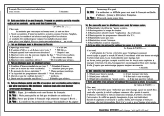 français. Recevez toutes mes salutations
et au revoir. À bientôt:
10- Ecris une lettre à ton ami français : Propose tes projets après la réussite
au Bac et tes souhaits après avoir finir l'université.
Le Caire, Le ../../….
Cher ami,
Je souhaite que vous soyez en bonne santé. Je suis un élève
à l'école secondaire. J'aime les matières scolaires comme l'arabe, l'anglais,
le français, les maths et les sciences mais je préfère les sciences.
Je souhaite être médecin pour soigner les malades et pour aider
mon père à son hôpital. Recevez toutes mes salutations et au revoir.
11- Fais un dialogue avec le directeur de l'école
1- Quel âge avez-vous ? * J’ai 55 ans.
2- Combien d’élèves y a-t-il dans votre lycée ? * 500 élèves.
3- Depuis quand êtes-vous devenu directeur? * Depuis 5 ans.
4- Quel est votre avis du nouveau régime du Bac ? * Il est très excellent.
5- Quel est votre souhait ? * De réussir mes élèves.
6- Quel est votre conseil aux élèves ? * De travailler par sérieux.
12- Fais un dialogue avec un étudiant sérieux .
1- Combien d’heures étudiais-tu par jour ? * J’étudiais 8 heures.
2- Quel est le secret de votre excellence? * J’étudiais jour par jour.
3- Tu prenais des leçons spéciales ? * Dans quelques matières.
4-Tu regardais les programmes éducatifs ? * Oui, bien sûr.
5- Qu’est-ce que tu voudrais devenir ? * médecin.
6- Quels sont tes conseils aux élèves ? * D’étudier par sérieux.
13- Fais un dialogue entre une fille et son père sur ses études universitaires
: Son père veut que sa fille devienne médecin mais elle veut devenir
professeur de français .
la fille : Papa , je voudrais avoir une licence de français.
Le Père : Mais pourquoi tu ne fais pas tes études en médecine ?
La fille : Parce que j'aime le français et je pourrais voyager à Paris .
Le Père : La médecine te permet de soulager les malades et de gagner
beaucoup d'argent.
La fille : La médecine est difficile pour moi mais le français est facile,
d'ailleurs j'aime la littérature française.
Le Père : D'accord, mais pense bien.
14- Des conseils pour les étudiants pour avoir de bonnes notes.
1- Il faut étudier du début de l’année scolaire.
2- Il faut organiser le temps des études.
3- Il faut écouter attentivement l’explication du professeur.
4- Il faut regarder les programmes éducatifs à la T.V.
5- Il faut étudier jour par jour.
6- Il faut réviser avant l’examen.
7- Il faut réfléchir avant de répondre.
15- Ecris une lettre à ton ami pour lui expliquer les causes de la victoire de ton équipe.
Le Caire, le 5/6/201------
Cher ami,
J’ai le plaisir de t’écrire cette lettre pour t’expliquer comment
notre équipe a gagné le match. D’abord, l’entraîneur a fait une bonne stratégie,
l’arbitre était juste, le jeu était collectif, notre équipe était
en forme, notre goal par exemple a arrêté tous les tirs et notre capitaine a
marqué trois buts. En plus, les supporters encourageaient bien notre équipe.
Enfin, j’espère que notre équipe gagnera toujours ses matchs.
A bientôt.
16- Des conseils d'un entraîneur à un joueur.
1- Il faut jouer bien le match. 4- il faut marquer des buts.
2- Il faut jouer collectif. 5- Il faut suivre ma stratégie.
3- Il faut faire attention de l’avant centre. 6- Il ne faut pas être violent.
17- Ecris une lettre à ton ami pour lui expliquer les causes de la défaite de ton équipe.
Le Caire, le 3/6/201-----
Cher ami,
Je t’écris cette lettre pour t’informer que notre équipe a joué un match hier,
mais elle a perdu, je vais t’expliquer comment elle a perdu le match.
D’abord, l’entraîneur a fait une mauvaise stratégie, l’arbitre a favorisé
l’adversaire, il a sifflé un penalty imaginaire, le jeu était individuel.
Ensuite le capitaine avait mal à la jambe. Enfin, notre équipe n’était pas
en forme, elle était démoralisée. Bref, il n’y avait ni jeu d’équipe ni stratégie.
‫الصف‬‫الثالث‬‫الثانوى‬‫العام‬/‫موضوعات‬‫التعبير‬Ahmed Abbas 01111510413
 