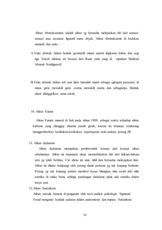 13
Aliran Abstraksionime adalah aliran yg berusaha melepaskan diri dari sensasi-
sensasi atau asosiasis figuratif suatu obyek. Aliran Abstraksionis di bedakan
menjadi dua yaitu :
A.Yaitu abstrak dalam bentuk geometrik murni seperti lingkaran kubus dan segi
tiga Tokoh aliraran ini berasal dari Rusia yaitu yang di ciptakan Malivich
Abstrak Nonfiguratif.
B.Yaitu abstrak dalam arti seni lukis haruslah murni sebagai ugkapan perasaan, di
mana garis mewakili garis ,warna mewakili warna dan sebagainya. Bentuk
alami ditinggalkan sama sekali.
10. Aliran Futuris
Aliran Futuris muncul di Itali pada tahun 1909, sebagai reaksi terhadap aliran
kubisme yang dianggap dinamis penuh gerak, karena itu temanya cenderung
menggambarkan kesibukan-kesibukan seperti,pesta arak-arakan, perang dll.
11. Aliran dadaisme
Aliran dadaisme merupakan pemberontak konsep dari konsep aliran
sebelumnya. Aliran ini mepunyai sikap memerdekakan diri dari hukum-hukum
seni yg telah berlaku. Ciri aliran ini sinis, nihil dan berusaha meleyapkan ilusi.
Aliran ini dilatar belakangi oleh perang dunia pertama yg tak kunjung berhenti.
Perang yg tak kunjung padam memberi kesan hilangnya nilai sosial dari nilai
estetika di muka bumi, sehinga pandangan dadaisme tidak ada estetika dalam
karya seni.
12.Aliran Surealisme.
Aliran surealis banyak di pengaruhi oleh teori analisis psikologis. Sigmund
Freud mengenai ketidak sadaran dalam anatomisme dan impian. Surealisme
 