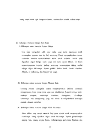 14
sering tampil tidak logis dan penuh fantasi, seakan-akan melukis dalam mimpi.
2.5 Hubungan Manusia Dengan Seni Rupa
A. Hubungan antara manusia dengan dirinya
Seni rupa merupakan salah satu media yang dapat digunakan untuk
menuangkan gagasan atau ide dari seseorang. Untuk mengungkapkan citarasa
keindahan manusia mewujudkannya lewat media ekspresi. Media yang
digunakan dapat berupa suatu karya seni rupa seperti lukisan. Di dalam
pengungkapannya tersebut kadang seseorang menggunakan dirinya sendiri
sebagai objek lukisannya. Seperti pelukis Raden Saleh, Basuki Abdullah,
Affandi, S. Sudjojono, dan Vincent van Gogh.
B. Hubungan antara Manusia dengan Manusia Lain
Seorang perupa kadangkala dalam mengekspresikan citarasa keindahan
menggunakan objek orang-orang yang ada disekitarnya. Seperti istrinya, anak-
anaknya, orangtua, saudaranya, temannya, tetangganya, kekasihnya,
sahabatnya, atau orang-orang yang ada dalam fikirannya.Lukisan hubungan
manusia dengan orang lain
C. Hubungan antara Manusia dengan Alam Sekitarnya
Alam sekitar yang sangat menarik bagi para pelukis untuk mengungkapkan
citarasanya, sering dijadikan objek untuk lukisannya. Seperti pemandangan
gunung, laut, sungai, sawah, hutan, perkampungan, perkotaan, binatang dan
 