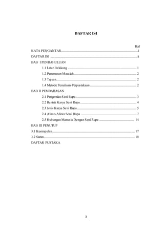 3
DAFTAR ISI
Hal
KATA PENGANTAR.............................................................................................i
DAFTAR ISI .........................................................................................................ii
BAB I PENDAHULUAN
1.1 Latar Belakang ................................................................................... 1
1.2 Perumusan Masalah............................................................................ 2
1.3 Tujuan................................................................................................. 2
1.4 Metode Penulisan-Perpustakaan ........................................................ 2
BAB II PEMBAHASAN
2.1 Pengertian Seni Rupa ......................................................................... 3
2.2 Bentuk Karya Seni Rupa.................................................................... 4
2.3 Jenis Karya Seni Rupa........................................................................ 5
2.4 Aliran-Aliran Seni Rupa ................................................................... 7
2.5 Hubungan Manusia Dengan Seni Rupa .......................................... 14
BAB III PENUTUP
3.1 Kesimpulan.................................................................................................... 17
3.2 Saran.............................................................................................................. 18
DAFTAR PUSTAKA
 