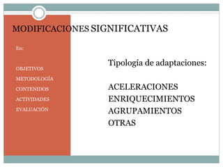 MODIFICACIONES SIGNIFICATIVAS
En:
OBJETIVOS
METODOLOGÍA
CONTENIDOS
ACTIVIDADES
EVALUACIÓN
Tipología de adaptaciones:
ACELERACIONES
ENRIQUECIMIENTOS
AGRUPAMIENTOS
OTRAS
 
