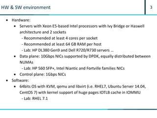 3HW & SW environment
 Hardware:
 Servers with Xeon E5-based Intel processors with Ivy Bridge or Haswell
architecture and 2 sockets
- Recommended at least 4 cores per socket
- Recommended at least 64 GB RAM per host
- Lab: HP DL380 Gen9 and Dell R720/R730 servers …
 Data plane: 10Gbps NICs supported by DPDK, equally distributed between
NUMAs
- Lab: HP 560 SFP+, Intel Niantic and Fortville families NICs
 Control plane: 1Gbps NICs
 Software:
 64bits OS with KVM, qemu and libvirt (i.e. RHEL7, Ubuntu Server 14.04,
CentOS 7) with kernel support of huge pages IOTLB cache in IOMMU
- Lab: RHEL 7.1
 