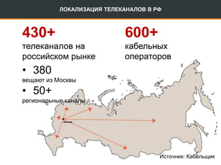 ЛОКАЛИЗАЦИЯ ТЕЛЕКАНАЛОВ В РФ
430+
телеканалов на
российском рынке
• 380
вещают из Москвы
• 50+
региональные каналы
Источник: Кабельщик
600+
кабельных
операторов
 