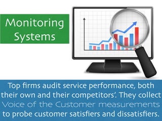 Monitoring
Systems
Top ﬁrms audit service performance, both
their own and their competitors’. They collect
Voice of the Customer measurements
to probe customer satisﬁers and dissatisﬁers.
 