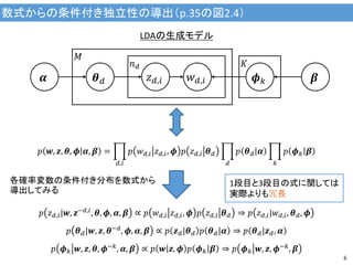 数式からの条件付き独立性の導出（p.35の図2.4）
6
𝜷𝜶
LDAの生成モデル
𝑝 𝑧 𝑑,𝑖|𝒘, 𝒛−𝑑,𝑖, 𝜽, 𝝓, 𝜶, 𝜷 ∝ 𝑝 𝑤 𝑑,𝑖 𝑧 𝑑,𝑖, 𝝓 𝑝 𝑧 𝑑,𝑖 𝜽 𝑑 ⇒ 𝑝 𝑧 𝑑,𝑖|𝑤 𝑑,𝑖, 𝜽 𝑑, 𝝓
𝑝 𝜽 𝑑|𝒘, 𝒛, 𝜽−𝑑
, 𝝓, 𝜶, 𝜷 ∝ 𝑝 𝒛 𝑑|𝜽 𝑑 𝑝 𝜽 𝑑|𝜶 ⇒ 𝑝 𝜽 𝑑|𝒛 𝑑, 𝜶
𝑝 𝝓 𝑘 𝒘, 𝒛, 𝜽, 𝝓−𝑘, 𝜶, 𝜷 ∝ 𝑝 𝒘 𝒛, 𝝓 𝑝 𝝓 𝑘 𝜷 ⇒ 𝑝 𝝓 𝑘 𝒘, 𝒛, 𝝓−𝑘, 𝜷
𝝓 𝑘𝜽 𝑑 𝑧 𝑑,𝑖 𝑤 𝑑,𝑖
𝐾𝑛 𝑑
𝑀
𝑝 𝒘, 𝒛, 𝜽, 𝝓 𝜶, 𝜷 = 𝑝 𝑤 𝑑,𝑖 𝑧 𝑑,𝑖, 𝝓 𝑝 𝑧 𝑑,𝑖 𝜽 𝑑
𝑑,𝑖
𝑝 𝜽 𝑑 𝜶
𝑑
𝑝 𝝓 𝑘 𝜷
𝑘
各確率変数の条件付き分布を数式から
導出してみる
1段目と3段目の式に関しては
実際よりも冗長
 