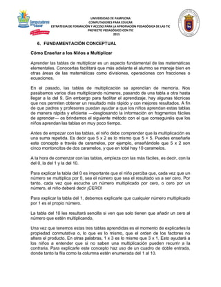 UNIVERSIDAD DE PAMPLONA
COMPUTADORES PARA EDUCAR
ESTRATEGIA DE FORMACIÓN Y ACCESO PARA LA APROPIACIÓN PEDAGÓGICA DE LAS TIC
PROYECTO PEDAGÓGICO CON TIC
2015
6. FUNDAMENTACIÓN CONCEPTUAL
Cómo Enseñar a los Niños a Multiplicar
Aprender las tablas de multiplicar es un aspecto fundamental de las matemáticas
elementales. Conocerlas facilitará que más adelante el alumno se maneje bien en
otras áreas de las matemáticas como divisiones, operaciones con fracciones o
ecuaciones.
En el pasado, las tablas de multiplicación se aprendían de memoria. Nos
pasábamos varios días multiplicando números, pasando de una tabla a otra hasta
llegar a la del 9. Sin embargo para facilitar el aprendizaje, hay algunas técnicas
que nos permiten obtener un resultado más rápido y con mejores resultados. A fin
de que padres y profesores puedan ayudar a que los niños aprendan estas tablas
de manera rápida y eficiente —desglosando la información en fragmentos fáciles
de aprender— os brindamos el siguiente método con el que conseguiréis que los
niños aprendan las tablas en muy poco tiempo.
Antes de empezar con las tablas, el niño debe comprender que la multiplicación es
una suma repetida. Es decir que 5 x 2 es lo mismo que 5 + 5. Puedes enseñarle
este concepto a través de caramelos, por ejemplo, enseñándole que 5 x 2 son
cinco montoncitos de dos caramelos, y que en total hay 10 caramelos.
A la hora de comenzar con las tablas, empieza con las más fáciles, es decir, con la
del 0, la del 1 y la del 10.
Para explicar la tabla del 0 es importante que el niño perciba que, cada vez que un
número se multiplica por 0, sea el número que sea el resultado va a ser cero. Por
tanto, cada vez que escuche un número multiplicado por cero, o cero por un
número, el niño deberá decir ¡CERO!
Para explicar la tabla del 1, debemos explicarle que cualquier número multiplicado
por 1 es el propio número.
La tabla del 10 les resultará sencilla si ven que solo tienen que añadir un cero al
número que estén multiplicando.
Una vez que tenemos estas tres tablas aprendidas es el momento de explicarles la
propiedad conmutativa o, lo que es lo mismo, que el orden de los factores no
altera el producto. En otras palabras, 1 x 3 es lo mismo que 3 x 1. Esto ayudará a
los niños a entender que si no saben una multiplicación pueden recurrir a la
contraria. Para explicarle este concepto haz uso de un cuadro de doble entrada,
donde tanto la fila como la columna estén enumerada del 1 al 10.
 