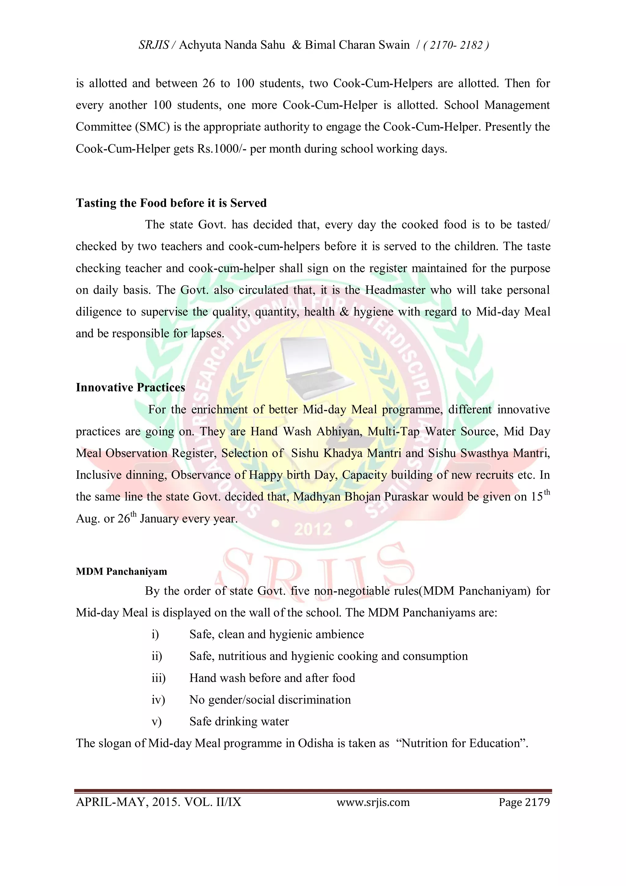 IMPLEMENTATION OF MID- DAY MEAL PROGRAMME IN PRIMARY SCHOOLS OF ODISHA ...