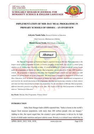 IMPLEMENTATION OF MID- DAY MEAL PROGRAMME IN PRIMARY SCHOOLS OF ODISHA ...