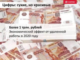 Более 1 трлн. рублей
Экономический эффект от удаленной
работы в 2020 году
Цифры: сухие, но красивые
 