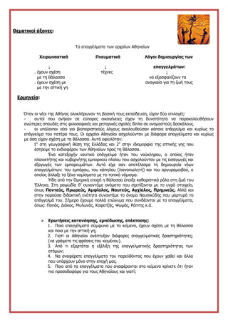 Θεματικοί άξονες:
Τα επαγγέλματα των αρχαίων Αθηναίων
Χειρωνακτικά Πνευματικά Λόγοι δημιουργίας των
↓ ↓ επαγγελμάτων:
. έχουν σχέση τέχνες ↓
με τη θάλασσα να εξασφαλίζουν τα
. έχουν σχέση με αναγκαία για τη ζωή τους
με την αττική γη
Ερμηνεία:
Όταν οι νέοι της Αθήνας ολοκλήρωναν τη βασική τους εκπαίδευση, είχαν δύο επιλογές:
- αυτοί που ανήκαν σε εύπορες οικογένειες είχαν τη δυνατότητα να παρακολουθήσουν
ανώτερες σπουδές στις φιλοσοφικές και ρητορικές σχολές δίπλα σε ονομαστούς δασκάλους.
- οι υπόλοιποι νέοι για βιοποριστικούς λόγους ακολουθούσαν κάποιο επάγγελμα και κυρίως το
επάγγελμα του πατέρα τους. Οι αρχαίοι Αθηναίοι ασχολούνταν με διάφορα επαγγέλματα και κυρίως
με όσα είχαν σχέση με τη θάλασσα. Αυτό οφειλόταν:
1ο
στη γεωγραφική θέση της Ελλάδας και 2ο
στην ιδιομορφία της αττικής γης που
έστρεψε το ενδιαφέρον των Αθηναίων προς τη θάλασσα.
Ένα κατεξοχήν ναυτικό επάγγελμα ήταν του ναύκληρου, ο οποίος ήταν
πλοιοκτήτης και κυβερνήτης εμπορικού πλοίου που ασχολούνταν με τις εισαγωγές και
εξαγωγές των εμπορευμάτων. Αυτό είχε σαν αποτέλεσμα τη δημιουργία νέων
επαγγελμάτων: του εμπόρου, του κάπηλου (λιανοπωλητή) και του αργυραμοιβού, ο
οποίος άλλαζε τα ξένα νομίσματα με το τοπικό νόμισμα.
Ήδη από την Ομηρική εποχή η θάλασσα έπαιξε καθοριστικό ρόλο στη ζωή του
Έλληνα. Στη ραψωδία θ’ συναντάμε ονόματα που σχετίζονται με το υγρό στοιχείο,
όπως Ποντεύς, Πρωρεύς, Αμφίαλος, Ναυτεύς, Αγχίαλος, Πρημνεύς. Αλλά και
στην παρούσα διδακτική ενότητα συναντάμε το όνομα Ναυσικύδης που μαρτυρά το
επάγγελμά του. Σήμερα έχουμε πολλά επώνυμα που συνδέονται με τα επαγγέλματα,
όπως: Παπάς, Διάκος, Μυλωνάς, Καφετζής, Ψωμάς, Ράπτης κ.ά.
 Ερωτήσεις κατανόησης, εμπέδωσης, επέκτασης:
1. Ποια επαγγέλματα σύμφωνα με το κείμενο, έχουν σχέση με τη θάλασσα
και ποια με την αττική γη;
2. Γιατί οι Αθηναίοι ανέπτυξαν διάφορες επαγγελματικές δραστηριότητες;
(να γράψετε τις φράσεις του κειμένου).
3. Από τι εξαρτάται η εξέλιξη της επαγγελματικής δραστηριότητας των
ατόμων;
4. Να αναφέρετε επαγγέλματα του παρελθόντος που έχουν χαθεί και άλλα
που υπάρχουν μόνο στην εποχή μας.
5. Ποιο από τα επαγγέλματα που αναφέρονται στο κείμενο κρίνετε ότι ήταν
πιο προσοδοφόρο για τους Αθηναίους και γιατί;
 