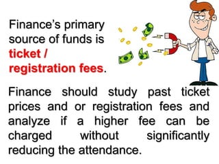 Finance’s primary
source of funds is
ticket /
registration fees.
Finance should study past ticket
prices and or registration fees and
analyze if a higher fee can be
charged without significantly
reducing the attendance.
 