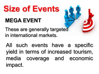 Size of Events
MEGA EVENT
These are generally targeted
in international markets.
All such events have a specific
yield in terms of increased tourism,
media coverage and economic
impact.
 