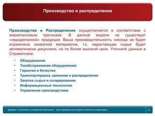 Return to topic list 30
Компания
Производство и Распределение
Производство и Распределение осуществляется в соответствии с
маркетинговым прогнозом. В данной модели не существует
«недоделанной» продукции. Ваша производительность никогда не будет
ограничена нехваткой материалов, т.к. недостающее сырье будет
автоматически докуплено, но по более высокой цене. Уточните данные в
Справочнике:
• Оборудование
• Техобслуживание оборудования
• Гарантия и Качество
• Транспортировка, хранение и распределение
• Закупка сырья и складирование
• Информационные технологии
• Управление производством
Брифинг Global Management Challenge (для перехода к следующему или предыдущему слайду используйте стрелки на
клавиатуре)Брифинг «Стратегия и управление бизнесом» (для перехода используйте стрелки на клавиатуре) 30
Производство и распределение
 