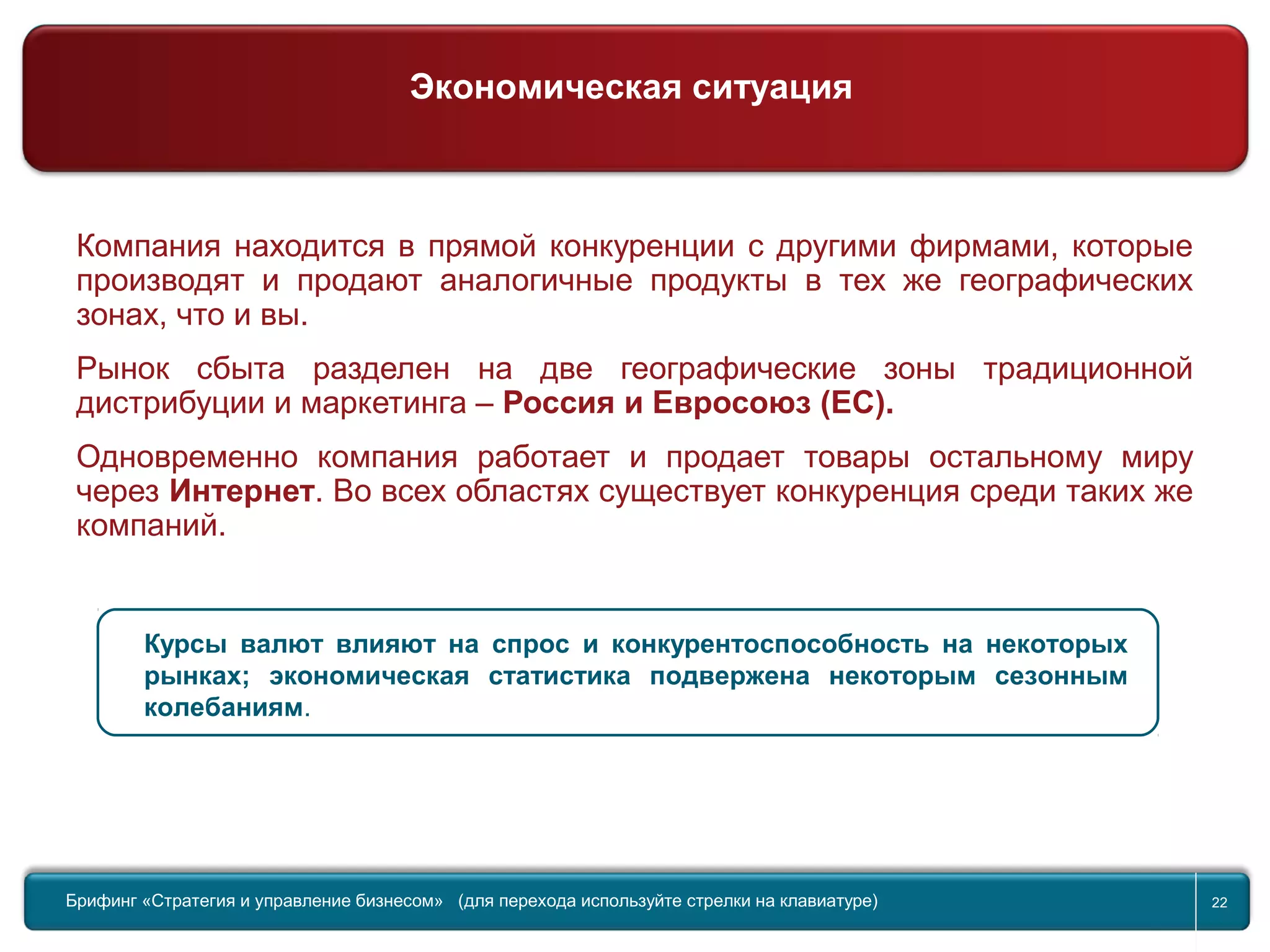 Return to topic list 22
Компания находится в прямой конкуренции с другими фирмами, которые
производят и продают аналогичные продукты в тех же географических
зонах, что и вы.
Рынок сбыта разделен на две географические зоны традиционной
дистрибуции и маркетинга – Россия и Евросоюз (ЕС).
Одновременно компания работает и продает товары остальному миру
через Интернет. Во всех областях существует конкуренция среди таких же
компаний.
Курсы валют влияют на спрос и конкурентоспособность на некоторых
рынках; экономическая статистика подвержена некоторым сезонным
колебаниям.
Брифинг Global Management Challenge (для перехода к следующему или предыдущему слайду используйте стрелки на
клавиатуре)Брифинг «Стратегия и управление бизнесом» (для перехода используйте стрелки на клавиатуре) 22
Экономическая ситуация
 