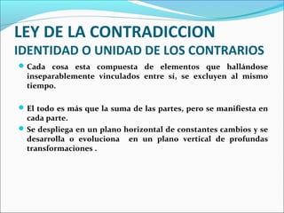 LEY DE LA CONTRADICCION
IDENTIDAD O UNIDAD DE LOS CONTRARIOS
Cada cosa esta compuesta de elementos que hallándose
inseparablemente vinculados entre sí, se excluyen al mismo
tiempo.
El todo es más que la suma de las partes, pero se manifiesta en
cada parte.
Se despliega en un plano horizontal de constantes cambios y se
desarrolla o evoluciona en un plano vertical de profundas
transformaciones .
 
