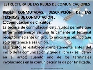 ESTRUCTURA DE LAS REDES DE COMUNICACIONES
REDES CONMUTADAS. DESCRIPCIÓN DE LAS
TÉCNICAS DE CONMUTACIÓN .
1.Conmutación de Circuitos
La técnica de conmutación de circuitos permite que
el terminal emisor se una físicamente al terminal
receptor mediante un circuito único y específico que
sólo pertenece a esa unión.
El circuito se establece completamente antes del
inicio de la comunicación y queda libre (« se libera»
en el argot) cuando uno de los terminales
involucrados en la comunicación la da por finalizada.
http://www.geocities.ws/abianchi04/textoredes/c5.pdf
 