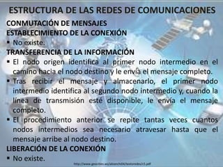 ESTRUCTURA DE LAS REDES DE COMUNICACIONES
CONMUTACIÓN DE MENSAJES
ESTABLECIMIENTO DE LA CONEXIÓN
 No existe.
TRANSFERENCIA DE LA INFORMACIÓN
 El nodo origen identifica al primer nodo intermedio en el
camino hacia el nodo destino y le envía el mensaje completo.
 Tras recibir el mensaje y almacenarlo, el primer nodo
intermedio identifica al segundo nodo intermedio y, cuando la
línea de transmisión esté disponible, le envía el mensaje
completo.
 El procedimiento anterior se repite tantas veces cuantos
nodos intermedios sea necesario atravesar hasta que el
mensaje arribe al nodo destino.
LIBERACIÓN DE LA CONEXIÓN
 No existe.
http://www.geocities.ws/abianchi04/textoredes/c5.pdf
 