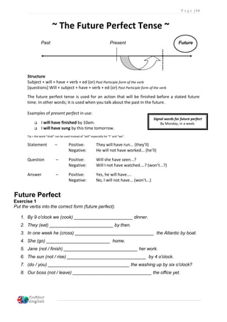 P a g e | 14
~ The Future Perfect Tense ~
Past Present Future
Structure
Subject + will + have + verb + ed (or) Past Participle form of the verb
[questions] Will + subject + have + verb + ed (or) Past Participle form of the verb
The future perfect tense is used for an action that will be finished before a stated future
time. In other words; it is used when you talk about the past in the future.
Examples of present perfect in use:
 I will have finished by 10am.
 I will have sung by this time tomorrow.
Tip = the word “shall” can be used instead of “will” especially for “I” and “we”.
Statement – Positive: They will have run... (they’ll)
Negative: He will not have worked... (he’ll)
Question – Positive: Will she have seen...?
Negative: Will I not have watched....? (won’t...?)
Answer – Positive: Yes, he will have....
Negative: No, I will not have... (won’t...)
Future Perfect
Exercise 1
Put the verbs into the correct form (future perfect).
1. By 9 o'clock we (cook) _______________________ dinner.
2. They (eat) _________________________ by then.
3. In one week he (cross) _______________________________ the Atlantic by boat.
4. She (go) _________________________ home.
5. Jane (not / finish) _____________________________ her work.
6. The sun (not / rise) _______________________________ by 4 o'clock.
7. (do / you) ________________________________ the washing up by six o'clock?
8. Our boss (not / leave) _______________________________ the office yet.
Signal words for future perfect
By Monday, in a week.
 