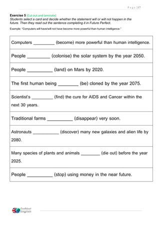 P a g e | 17
Exercise 5 [Cut out and laminate]
Students select a card and decide whether the statement will or will not happen in the
future. Then they read out the sentence completing it in Future Perfect.
Example: “Computers will have/will not have become more powerful than human intelligence.”
Computers _________ (become) more powerful than human intelligence.
People _________ (colonise) the solar system by the year 2050.
People __________ (land) on Mars by 2020.
The first human being ________ (be) cloned by the year 2075.
Scientist’s _________ (find) the cure for AIDS and Cancer within the
next 30 years.
Traditional farms __________ (disappear) very soon.
Astronauts ___________ (discover) many new galaxies and alien life by
2080.
Many species of plants and animals ________ (die out) before the year
2025.
People __________ (stop) using money in the near future.
 