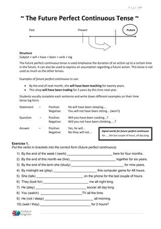 P a g e | 19
~ The Future Perfect Continuous Tense ~
Past Present Future
Structure
Subject + will + have + been + verb + ing
The future perfect continuous tense is used emphasise the duration of an action up to a certain time
in the future. It can also be used to express an assumption regarding a future action. This tense is not
used as much as the other tenses.
Examples of future perfect continuous in use:
 By the end of next month, she will have been teaching for twenty years.
 This shop will have been trading for 5 years by this time next year.
Students vocally complete each sentence and write down different examples on their time
tense log form.
Statement – Positive: He will have been sleeping....
Negative: You will not have been sitting... (won’t)
Question – Positive: Will you have been cooking...?
Negative: Will you not have been climbing.....?
Answer – Positive: Yes, he will...
Negative: No they will not….
Exercise 1.
Put the verbs in brackets into the correct form (future perfect continuous).
1) By the end of the week I (work) _________________________ here for four months.
2) By the end of this month we (live) _________________________ together for six years.
3) By the end of the term she (study) _____________________________ for nine years.
4) By midnight we (play) ________________________ this computer game for 48 hours.
5) She (talk) __________________________ on the phone for the last couple of hours.
6) They (look for) _________________________ me all night long.
7) He (play) ____________________________ soccer all day long.
8) You (watch) _______________________TV all the time.
9) He (not / sleep) ___________________________ all morning.
10) (wait / they) ____________________________ for 2 hours?
Signal words for future perfect continuous
for ..., the last couple of hours, all day long
 
