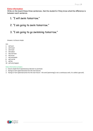 P a g e | 8
Extra information
Write on the board these three sentences. Ask the student’s if they know what the difference is
between each sentence.
1. “I will swim tomorrow.”
2. “I am going to swim tomorrow.”
3. “I am going to go swimming tomorrow.”
Answers to future simple
Ex1.
1. will earn
2. will travel
3. will meet
4. will adore
5. will not have
6. will serve
7. will anticipate
8. will not be
9. will be
10. will only happen
Extra information answers
1. Future simple form (spontaneous decision or promise)
2. ‘Going to’ form (planned action for the near future)
3. ‘Going to’ form (planned action for the near future – the verb [swimming] is not a continuous verb, it is called a gerund).
 