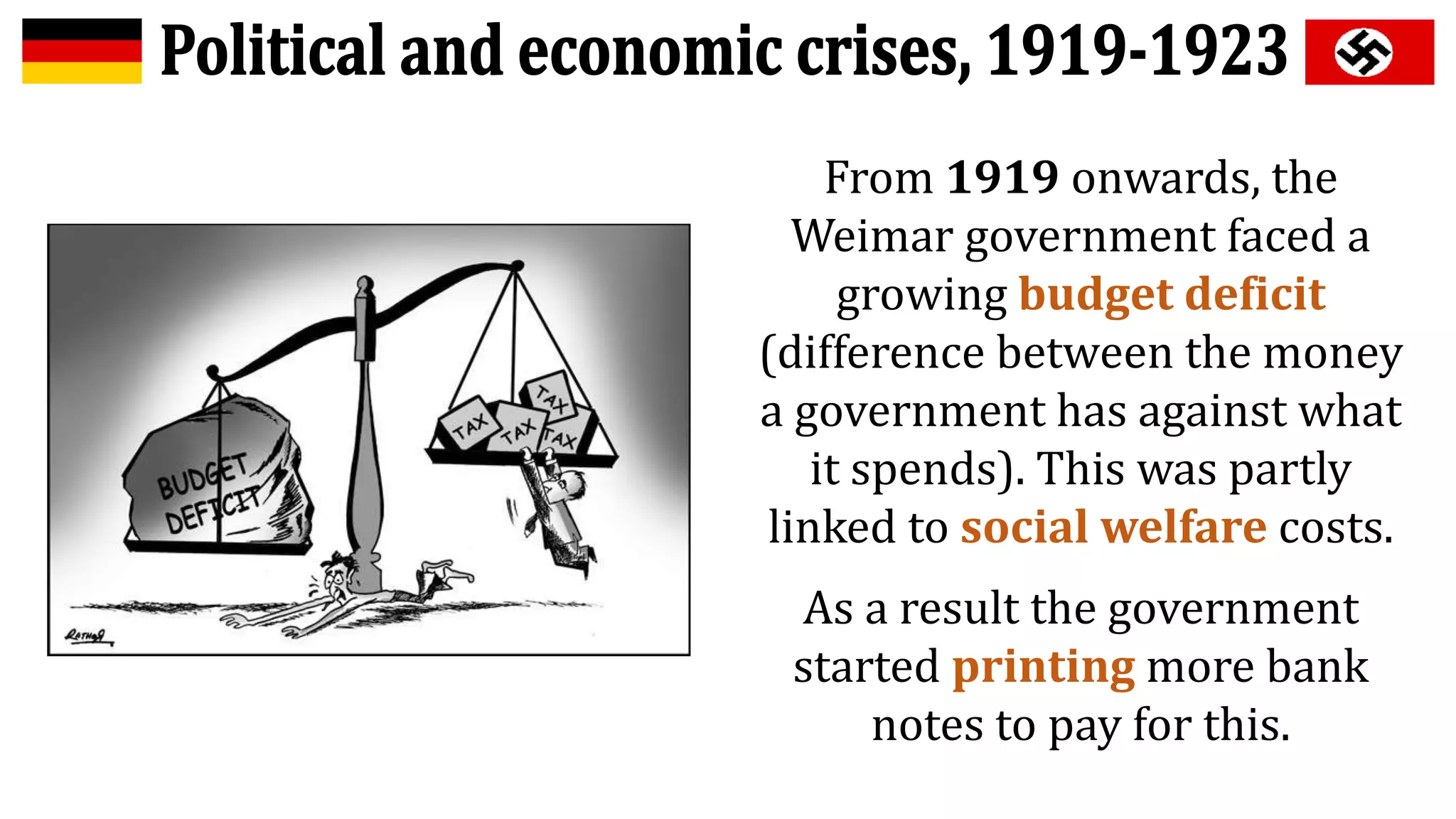 From 1919 onwards, the
Weimar government faced a
growing budget deficit
(difference between the money
a government has against what
it spends). This was partly
linked to social welfare costs.
As a result the government
started printing more bank
notes to pay for this.
 
