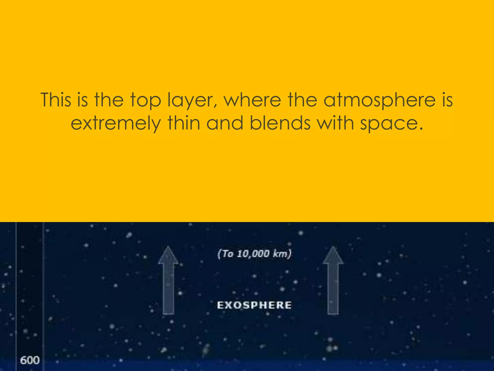This is the top layer, where the atmosphere is
extremely thin and blends with space.
 