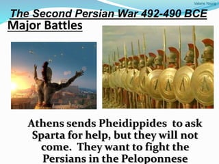 Valarie Young
Major Battles
The Second Persian War 492-490 BCE
Athens sends Pheidippides to ask
Sparta for help, but they will not
come. They want to fight the
Persians in the Peloponnese
 