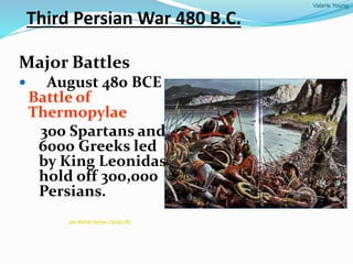 Valarie Young
Third Persian War 480 B.C.
Major Battles
 August 480 BCE
Battle of
Thermopylae
300 Spartans and
6000 Greeks led
by King Leonidas
hold off 300,000
Persians.
300-Battle Scene_(360p).flv
 