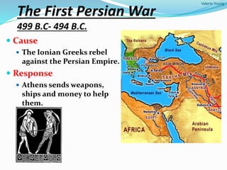 Valarie Young
The First Persian War
499 B.C- 494 B.C.
 Cause
 The Ionian Greeks rebel
against the Persian Empire.
 Response
 Athens sends weapons,
ships and money to help
them.
 