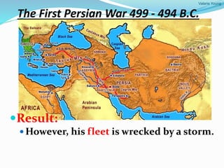 Valarie Young
The First Persian War 499 - 494 B.C.
Result:
 However, his fleet is wrecked by a storm.
 