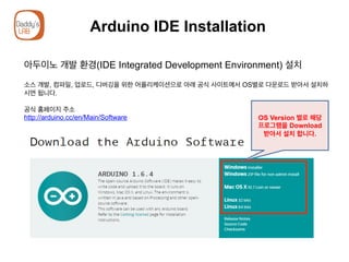Arduino IDE Installation
아두이노 개발 환경(IDE Integrated Development Environment) 설치
소스 개발, 컴파일, 업로드, 디버깅을 위한 어플리케이션으로 아래 공식 사이트에서 OS별로 다운로드 받아서 설치하
시면 됩니다.
공식 홈페이지 주소
http://arduino.cc/en/Main/Software OS Version 별로 해당
프로그램을 Download
받아서 설치 합니다.
 