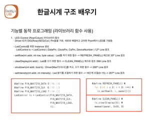 한글시계 구조 배우기
기능별 동작 프로그래밍 (라이브러리 함수 사용)
1.  LED Control (Row/Colum) 라이브러리 함수
: Driver IC의 DIG(Row)/SEG(Col.) Pin들을 가로, 세로로 배열하고 교차한 Point에서 LED를 구동함.
- LedControl을 위한 Instance 생성
: LedControl Ic = LedControl ( DataPin, ClockPin, CsPin, DeviceNumber ) 12th Line 참조
- setRow(int addr, int row, byte value) : Led를 켜기 위한 함수 -> REFRESH_PANEL() 매크로 35th Line 참조
- clearDisplay(int addr) : Led를 끄기 위한 함수 -> CLEAN_PANEL() 매크로 참조 39th Line 참조
- shutdown(int addr, bool b) : Driver(Max7219 IC)를 켜고, 끄기 위한 함수 -> 266th Line 참조
- setIntensity(int addr, int intensity) : Led 밝기를 조절하기 위한 함수 -> 16단계 조절(0~15) -> 267th Line 참조
 