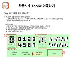 한글시계 Tool과 연동하기
Tool 과 연동을 위한 기능 추가
4. Tool에서 편집된 이미지 데이타 읽어오기 :
- Mode Define 및 해당 Func. 구현 하기(Flash, Vertical Mode 등) : AniModeSet( Mode );
- #F, #V 등 Command 처리 부분 추가
< 실행 순서 >
- 한글시계와 PC가 연결된 상태(Open 버튼이 비활성화 됨)에서 시작한다.
1. Edit Screen에서 화면을 편집하고(최대 8개 화면까지 편집 가능),
2. Display Options에서 Flash 선택하고,
3. Send 버튼을 Click 한다.
2
3
1 1
 