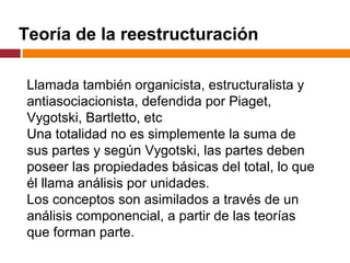 Teoría de la reestructuración
Llamada también organicista, estructuralista y
antiasociacionista, defendida por Piaget,
Vygotski, Bartletto, etc
Una totalidad no es simplemente la suma de
sus partes y según Vygotski, las partes deben
poseer las propiedades básicas del total, lo que
él llama análisis por unidades.
Los conceptos son asimilados a través de un
análisis componencial, a partir de las teorías
que forman parte.
 