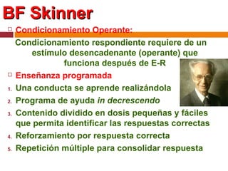 BF SkinnerBF Skinner
 Condicionamiento Operante:
Condicionamiento respondiente requiere de un
estímulo desencadenante (operante) que
funciona después de E-R
 Enseñanza programada
1. Una conducta se aprende realizándola
2. Programa de ayuda in decrescendo
3. Contenido dividido en dosis pequeñas y fáciles
que permita identificar las respuestas correctas
4. Reforzamiento por respuesta correcta
5. Repetición múltiple para consolidar respuesta
 