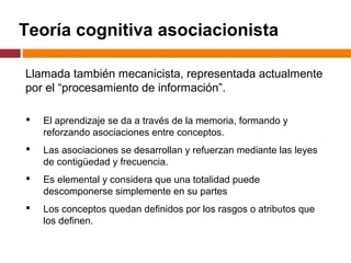 Teoría cognitiva asociacionista
 El aprendizaje se da a través de la memoria, formando y
reforzando asociaciones entre conceptos.
 Las asociaciones se desarrollan y refuerzan mediante las leyes
de contigüedad y frecuencia.
 Es elemental y considera que una totalidad puede
descomponerse simplemente en su partes
 Los conceptos quedan definidos por los rasgos o atributos que
los definen.
Llamada también mecanicista, representada actualmente
por el “procesamiento de información”.
 