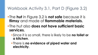 The hut in Figure 3.2 is not safe because it is
flimsy and made of flammable materials.
The hut also does not have sufficient basic
services.
Since it is so small, there is likely to be no toilet or
a kitchen.
There is no evidence of piped water and
electricity.
Workbook Activity 3.1, Part D (Figure 3.2)
 