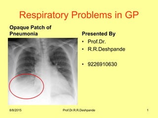 Respiratory Problems in GP
Opaque Patch of
Pneumonia Presented By
• Prof.Dr.
• R.R.Deshpande
• 9226910630
8/8/2015 Prof.Dr.R.R.Deshpande 1
 