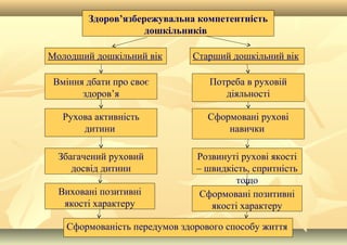 Здоров’язбережувальна компетентність
дошкільників
Вміння дбати про своє
здоров’я
Потреба в руховій
діяльності
Рухова активність
дитини
Сформовані рухові
навички
Збагачений руховий
досвід дитини
Розвинуті рухові якості
– швидкість, спритність
тощо
Виховані позитивні
якості характеру
Сформовані позитивні
якості характеру
Сформованість передумов здорового способу життя
Молодший дошкільний вік Старший дошкільний вік
 