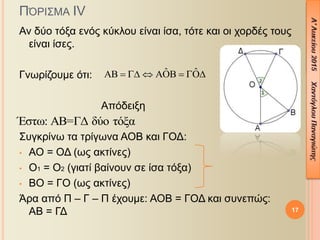 ΠΌΡΙΣΜΑ ΙV
Αν δύο τόξα ενός κύκλου είναι ίσα, τότε και οι χορδές τους
είναι ίσες.
Γνωρίζουμε ότι:
Απόδειξη
Συγκρίνω τα τρίγωνα ΑΟΒ και ΓΟΔ:
• ΑΟ = ΟΔ (ως ακτίνες)
• Ο1 = Ο2 (γιατί βαίνουν σε ίσα τόξα)
• ΒΟ = ΓΟ (ως ακτίνες)
Άρα από Π – Γ – Π έχουμε: ΑΟΒ = ΓΟΔ και συνεπώς:
ΑΒ = ΓΔ 17
ˆ ˆ      
Έστω: ΑΒ=ΓΔ δύο τόξα
 