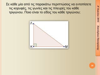Σε κάθε μία από τις παρακάτω περιπτώσεις να εντοπίσετε
τις κορυφές, τις γωνίες και τις πλευρές του κάθε
τριγώνου. Ποιο είναι το είδος του κάθε τριγώνου;
20
 