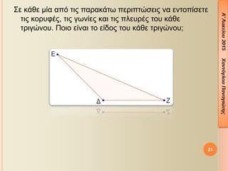 Σε κάθε μία από τις παρακάτω περιπτώσεις να εντοπίσετε
τις κορυφές, τις γωνίες και τις πλευρές του κάθε
τριγώνου. Ποιο είναι το είδος του κάθε τριγώνου;
21
 